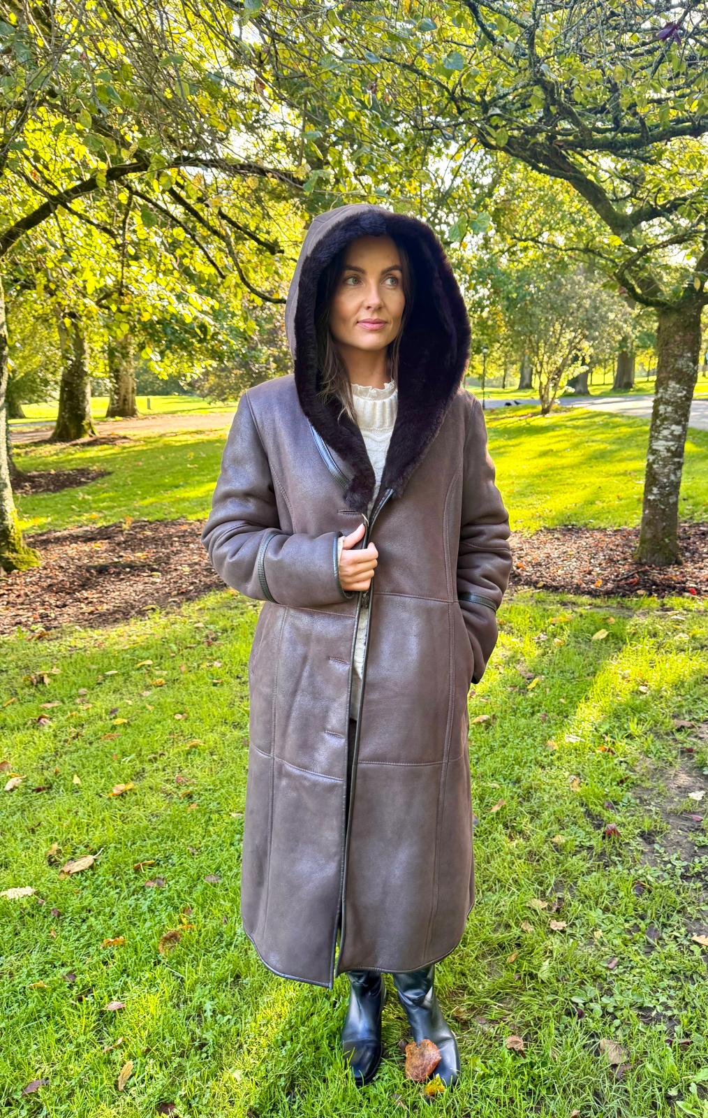 Long shearling coat dark