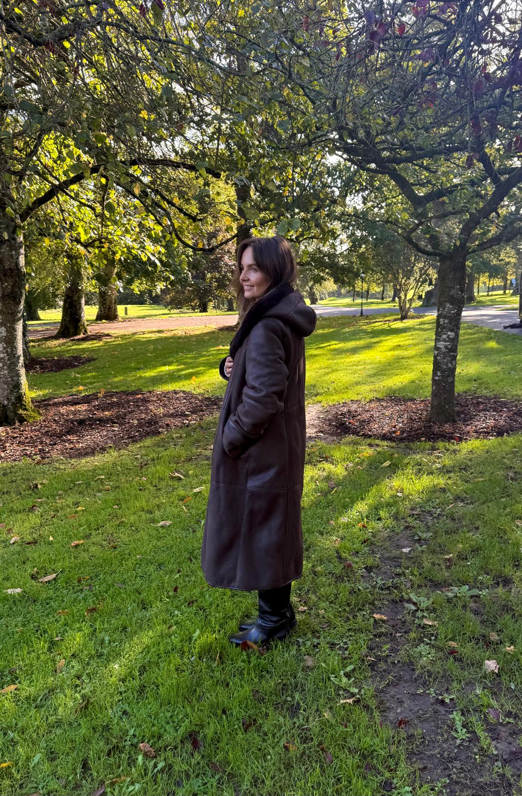 Long shearling coat dark