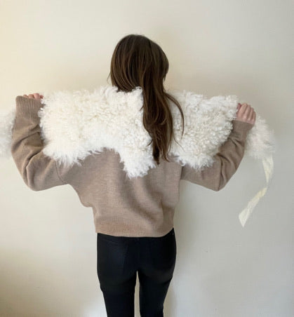 Shearling Neckwear/Scarf with Ribbon Tie