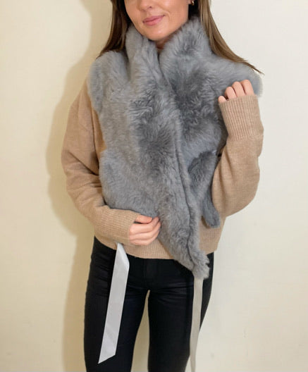 Shearling Neckwear/Scarf with Ribbon Tie