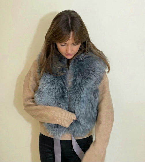 Shearling Neckwear/Scarf with Ribbon Tie