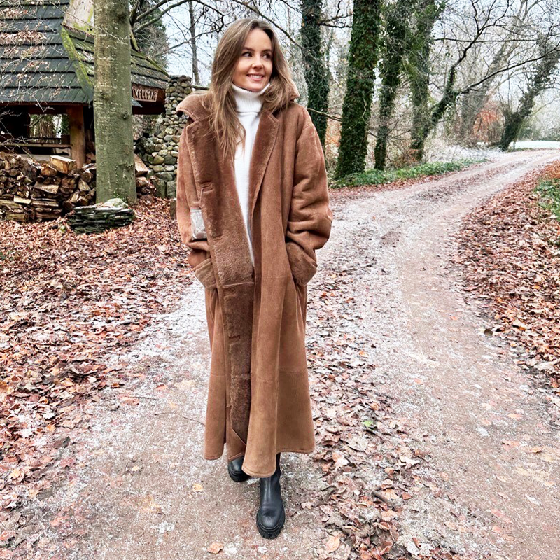 Light Brown Full Length Shearling Coat - Main Image