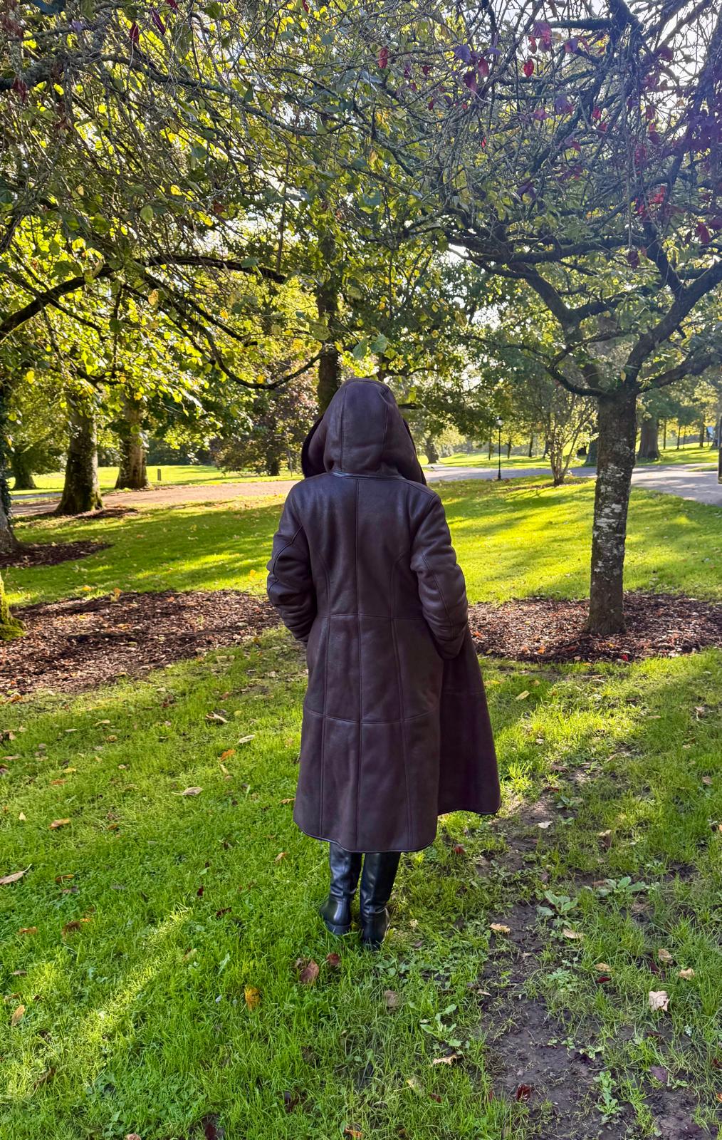 Long shearling coat dark