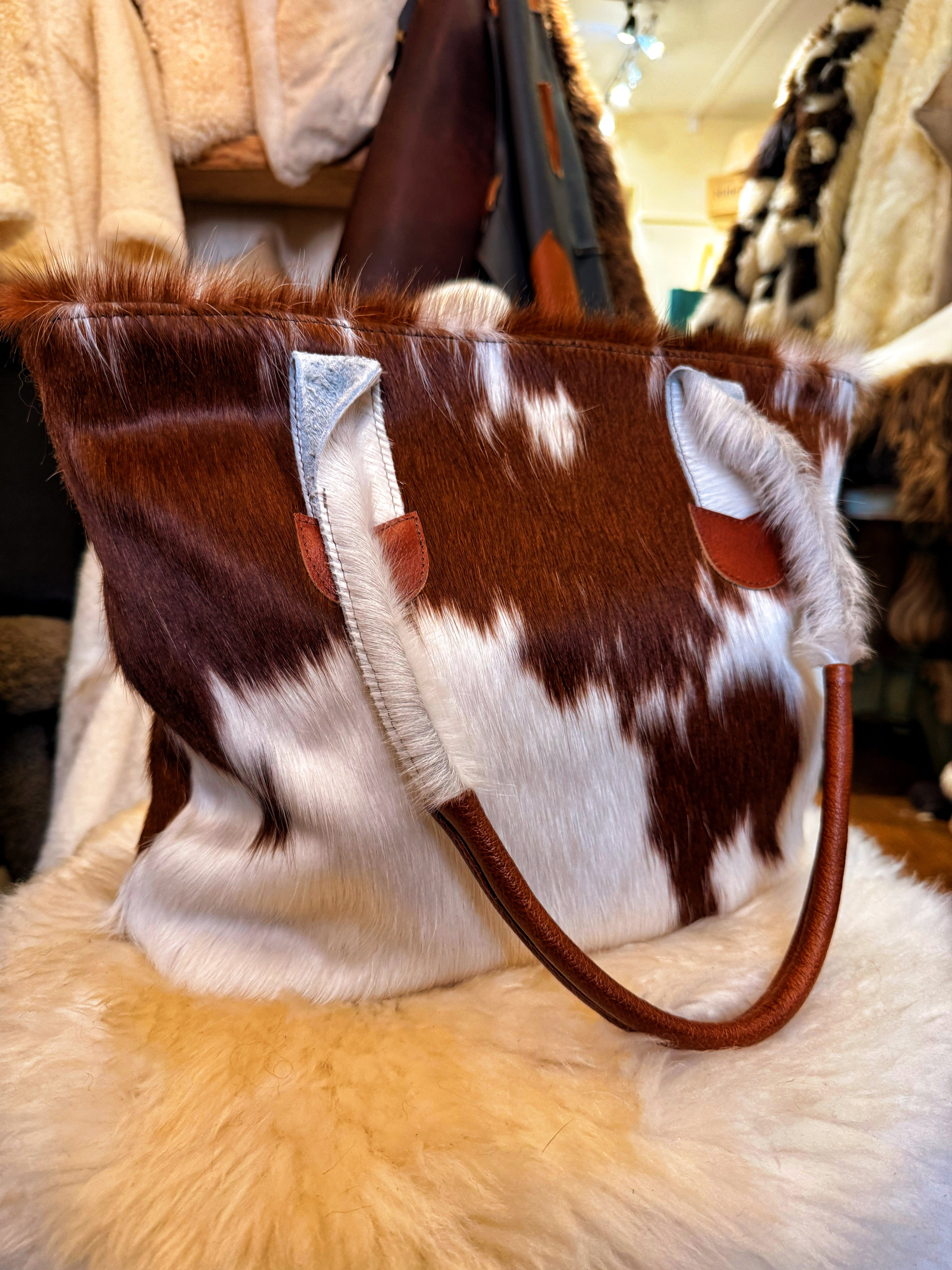 Cowhide Shoulder Bag Brown & White