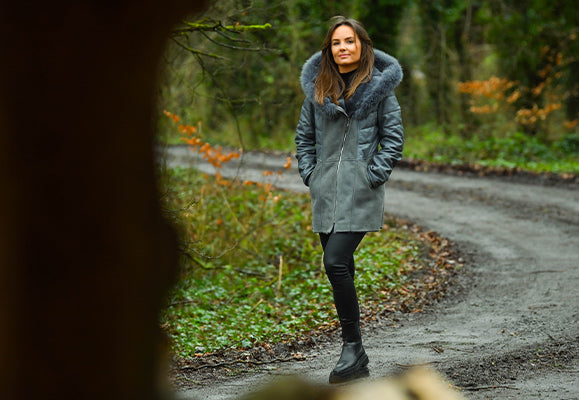 Grey Leather and Shearling Coat with Hood