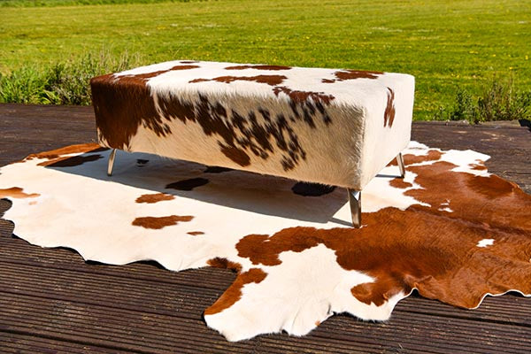 cowhide ottoman in sun