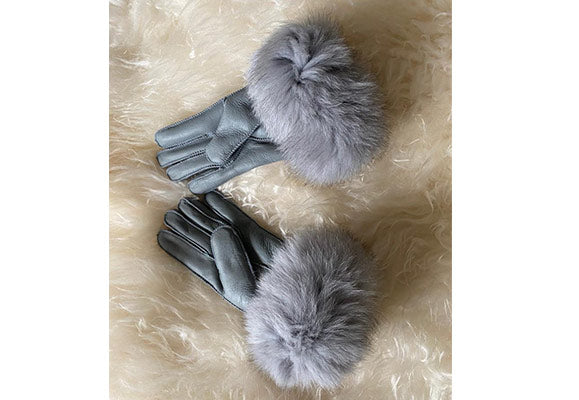 Grey Leather Gloves with Fur Trim 