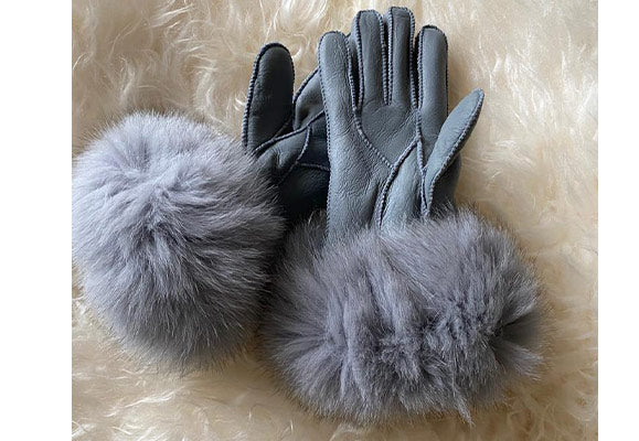 Grey Leather Gloves with Fur Trim 