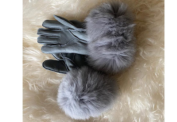 Grey Leather Gloves with Fur Trim 