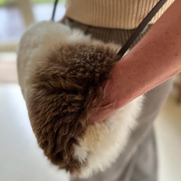 sheepskin hand warmer white and brown