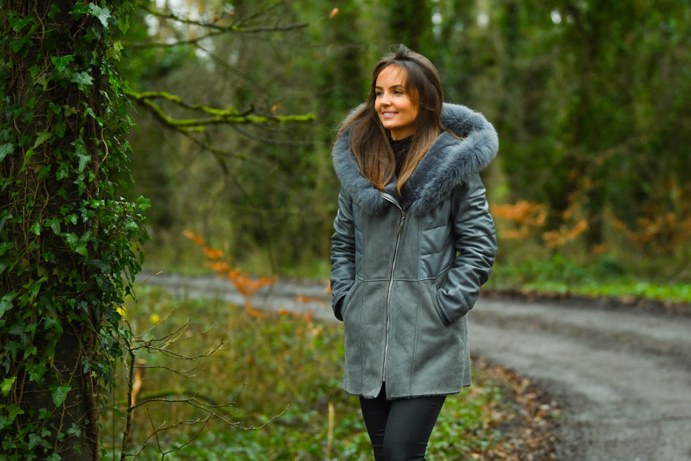 Grey Leather and Shearling Coat with Hood