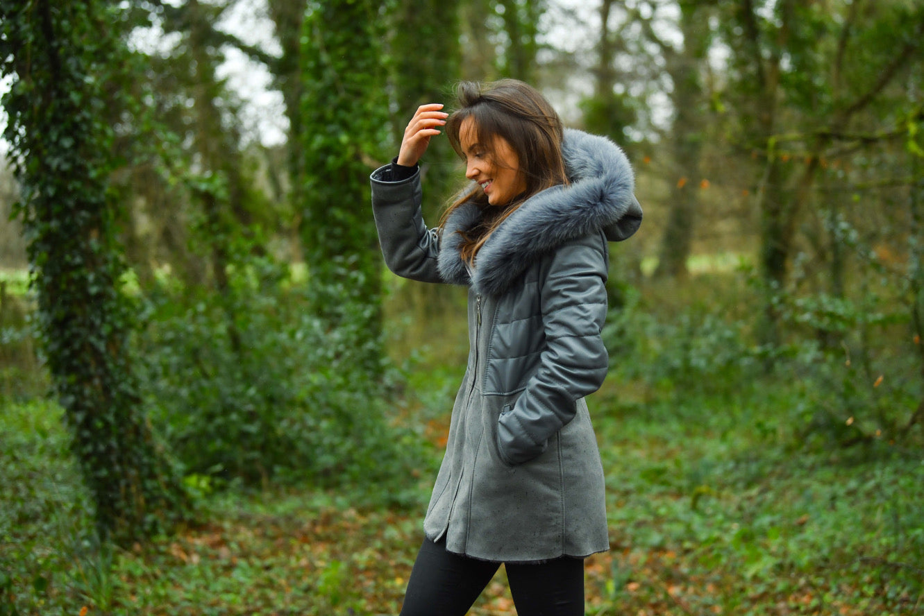 Grey Leather and Shearling Coat with Hood