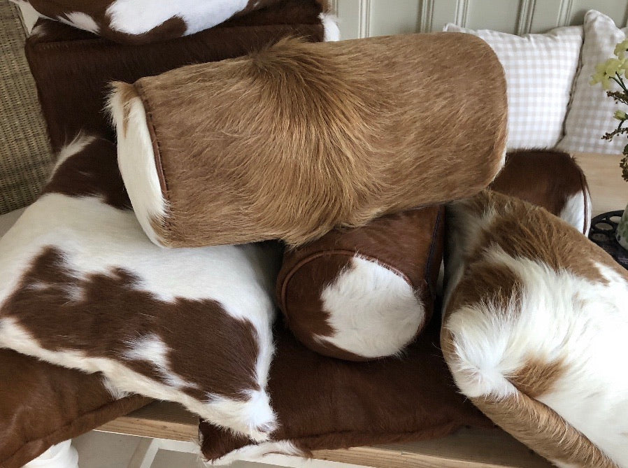 Brown/Red & White Cowhide Bolster Cushion