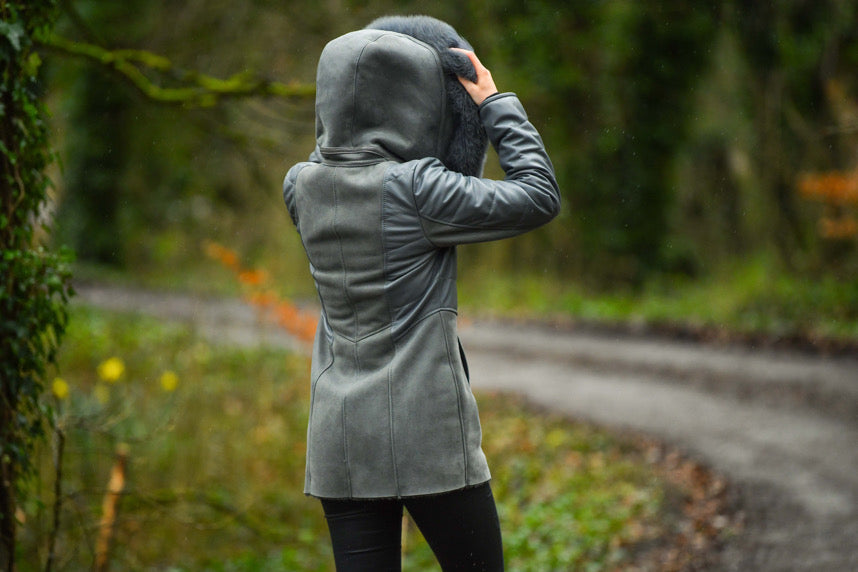 Grey Leather and Shearling Coat with Hood