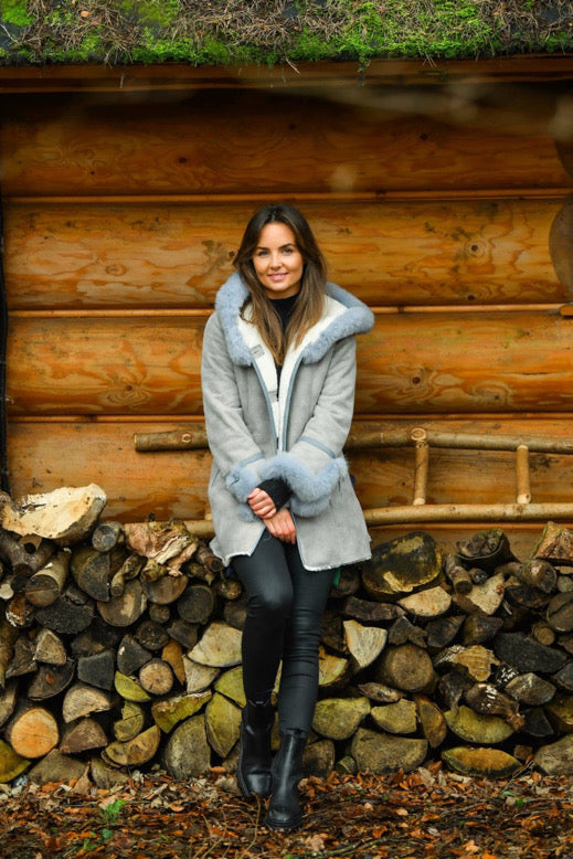 Grey Shearling Coat with Hood