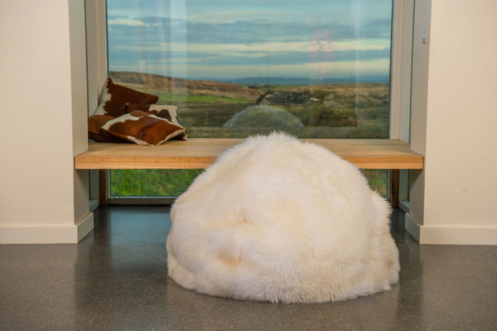 white sheepskin bean bag