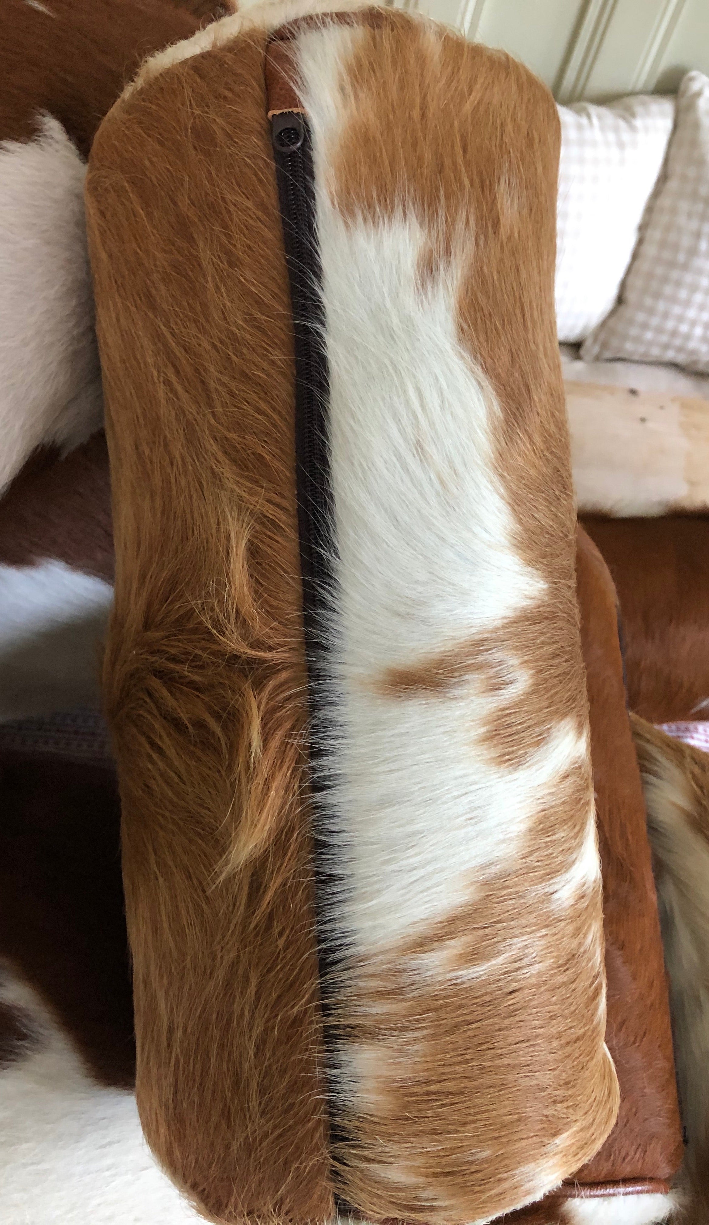 Brown/Red & White Cowhide Bolster Cushion