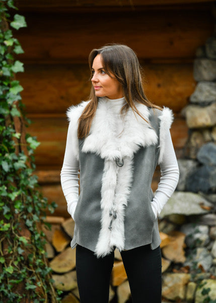 Grey Shearling Gilet with Decoration Lambskin Trim