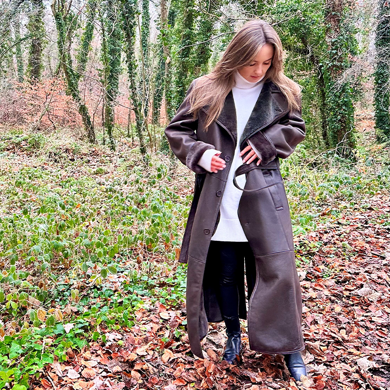 Full length dark brown double face shearling coat