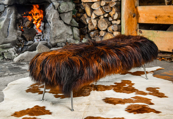 Auburn and Black Long Haired Sheepskin Ottoman