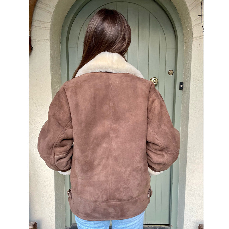 rear of sheepskin aviator jacket